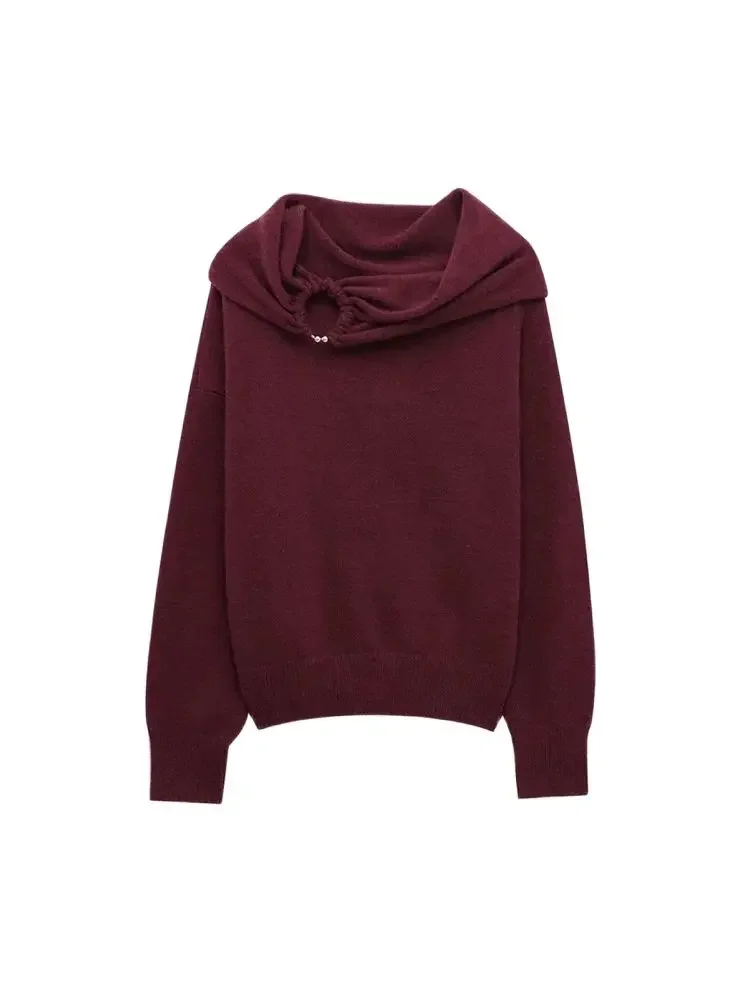 GELITAYIN Off-the-Shoulder Knit Sweater For Women With Metal Ring Straight Neck Long Sleeve Chic Pullover Top Fashionable Female