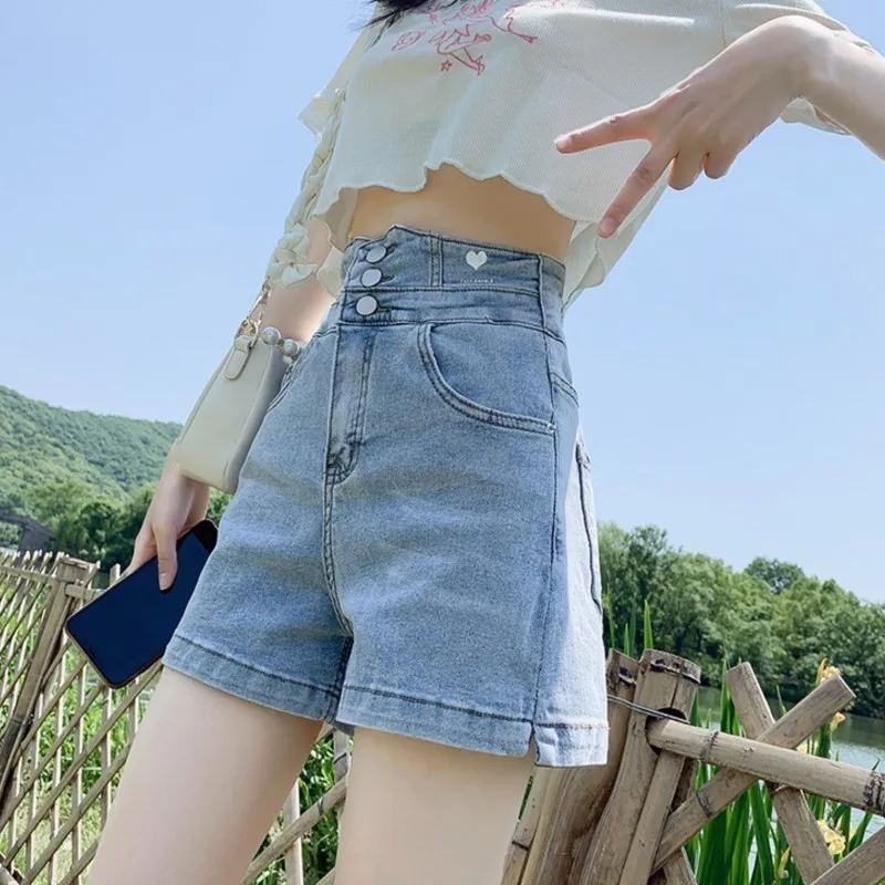 Design Fashion Denim Short Jeans Women Tthree Button Ladies Sexy Summer Thin Retro Women\'s High Waist Loose Short Pants Stretch