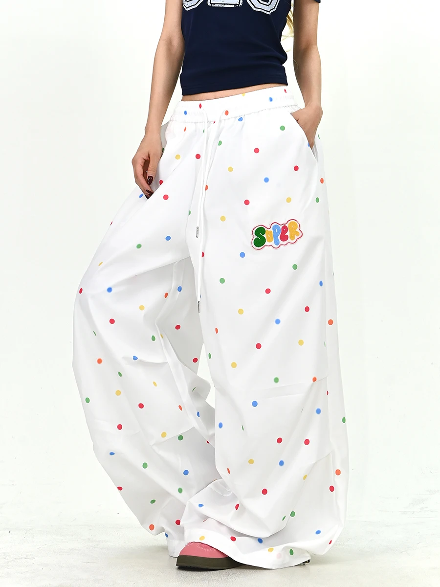 

Женские повседневные брюки в горошек с надписью, свободные, в корейском уличном стиле, широкие, модные, весна 2026, с эластичным поясом