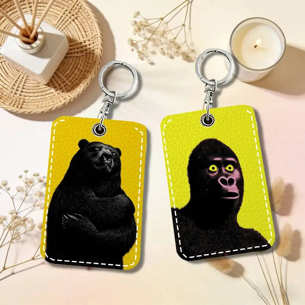 Interesting Animal Yellow Card Wallet With Keychain PU Leather Printed Pattern Card Holder