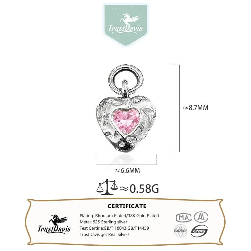 TrustDavis 925 Sterling Silver Textured Heart Charm Pendant with Cubic Zirconia DIY Jewelry Making Bracelet Accessories DZ1886