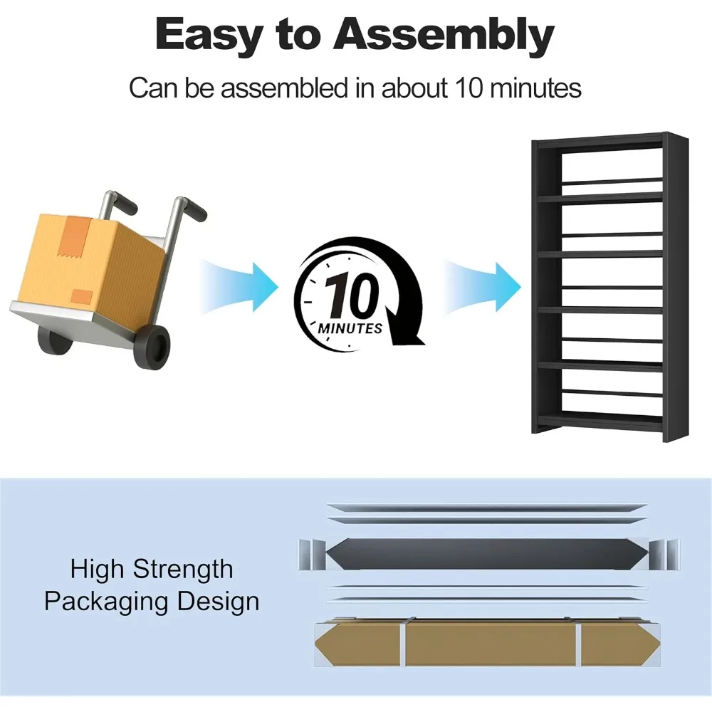 رف كتب معدني مكون من 5 طبقات، خزانة كتب سوداء بطول 69 بوصة، أرفف كتب كبيرة شديدة التحمل، أرفف كتب صناعية واسعة، تخزين العرض Sh #6