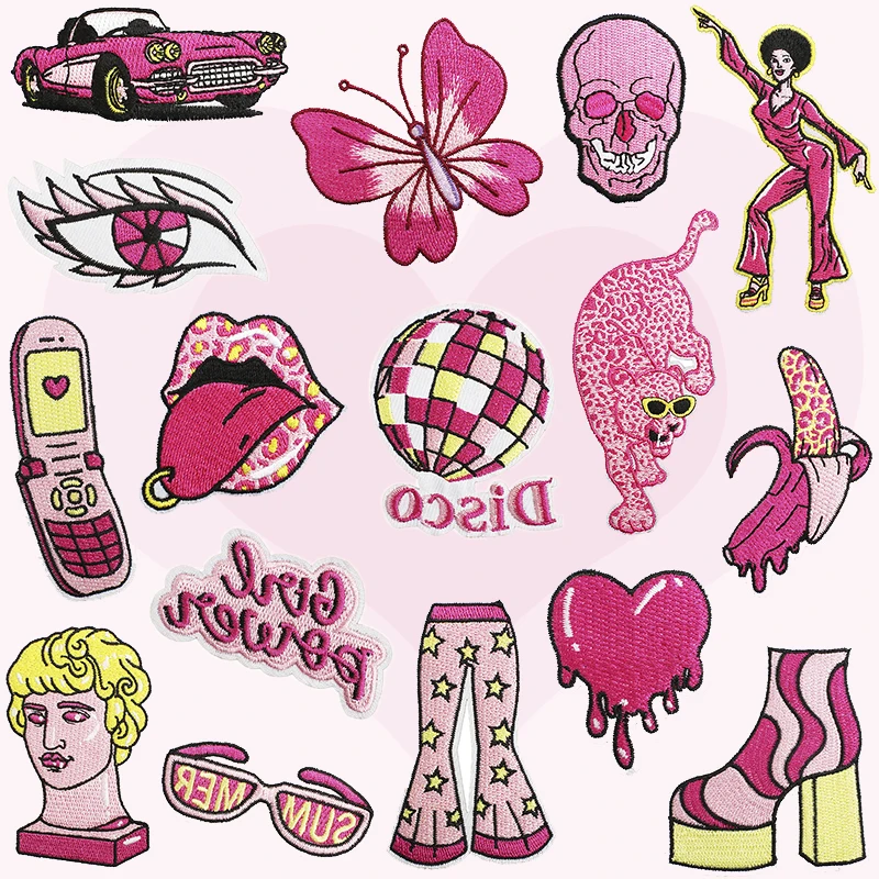 Embroidered Cloth Patches, Pink Emblem, DJ Nightclub Style, Bungee Patch, Sports Car, High Heels Stitch, Ironing Badge,