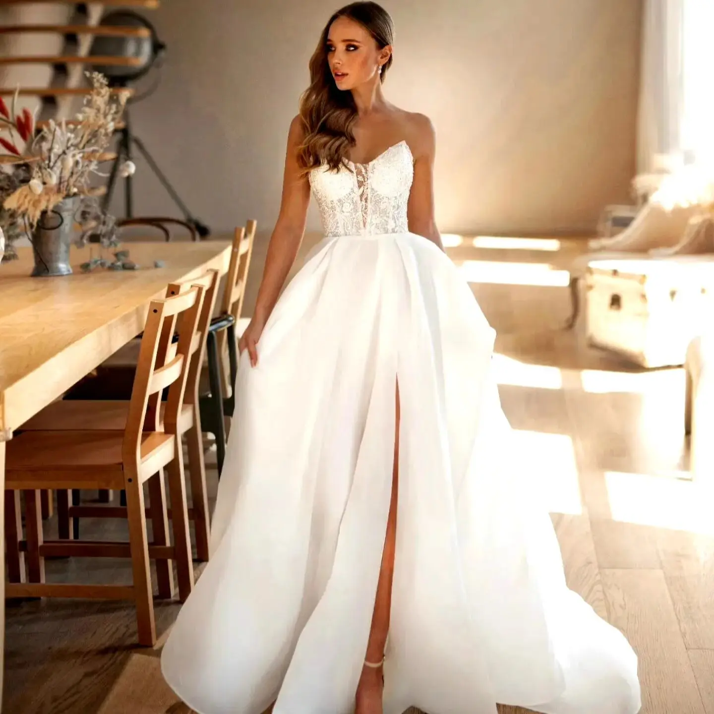 A Line White Wedding Dress Lace Appliques Detachable Puff Sleeves Tulle Boho High Slit Bridal Gown Customized Robes de Soriee