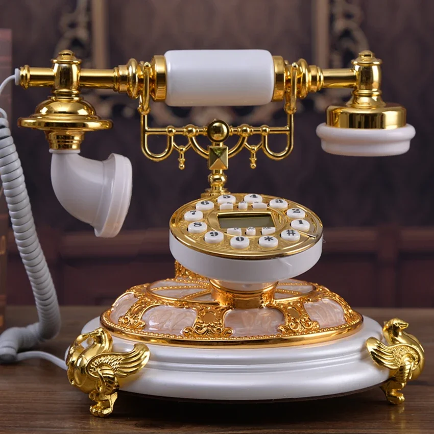 Antique Corded Telephone Phone Vintage White Gold Landline for Home Decoration, with Caller ID, Push Button, Hanging Headset