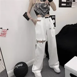2025 Harajuku Streetwear Women Pant with Belt Chain Hip Hop Loose Hollow Pants Woman Summer Design Straight Leg Trousers