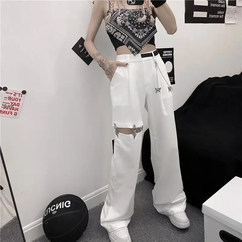 2025 Harajuku Streetwear Women Pant with Belt Chain Hip Hop Loose Hollow Pants Woman Summer Design Straight Leg Trousers