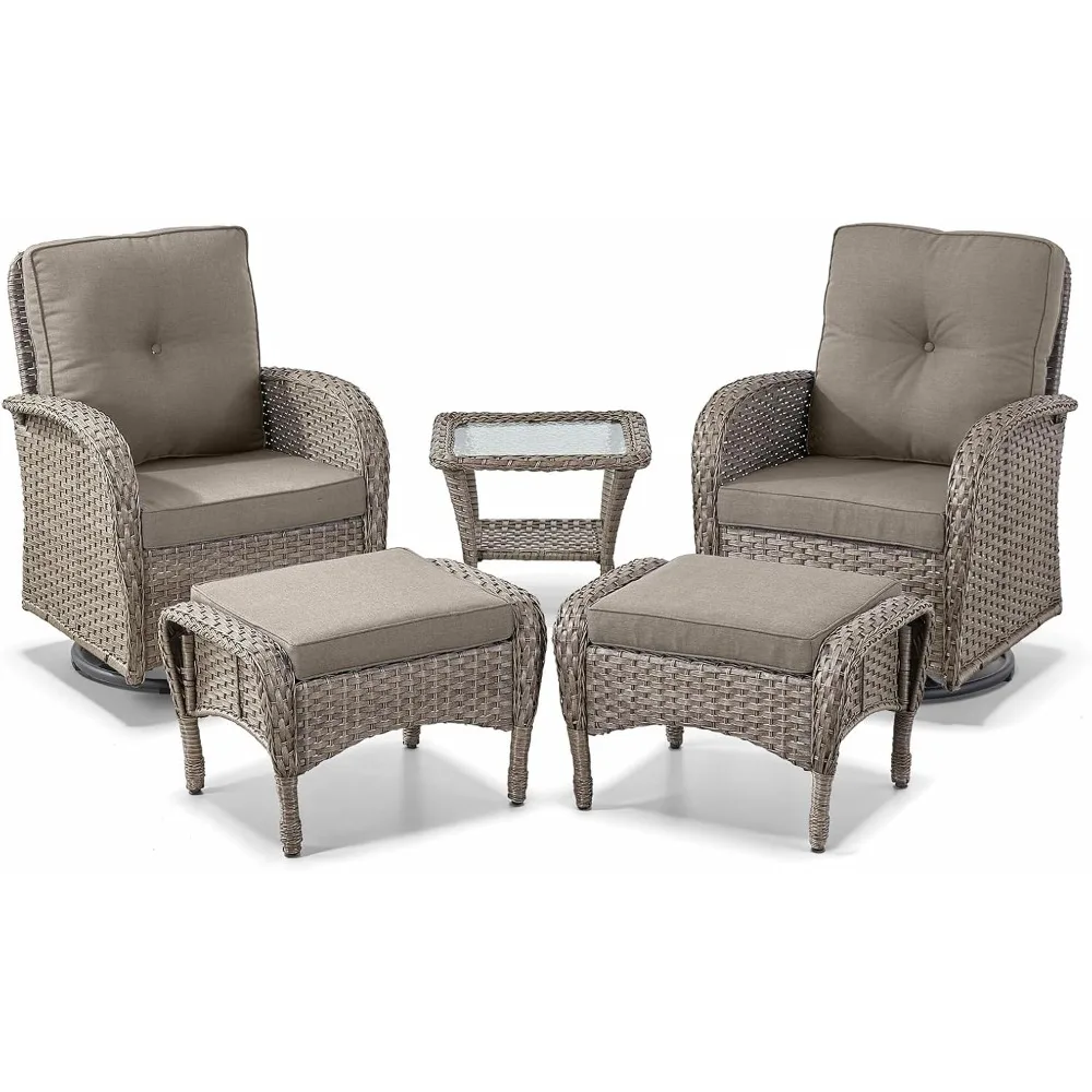 

5 Pieces Wicker Patio Furniture Set - Swivel Rocker Outdoor Chairs with Ottomans and Side Table for Deck Porch Backyard