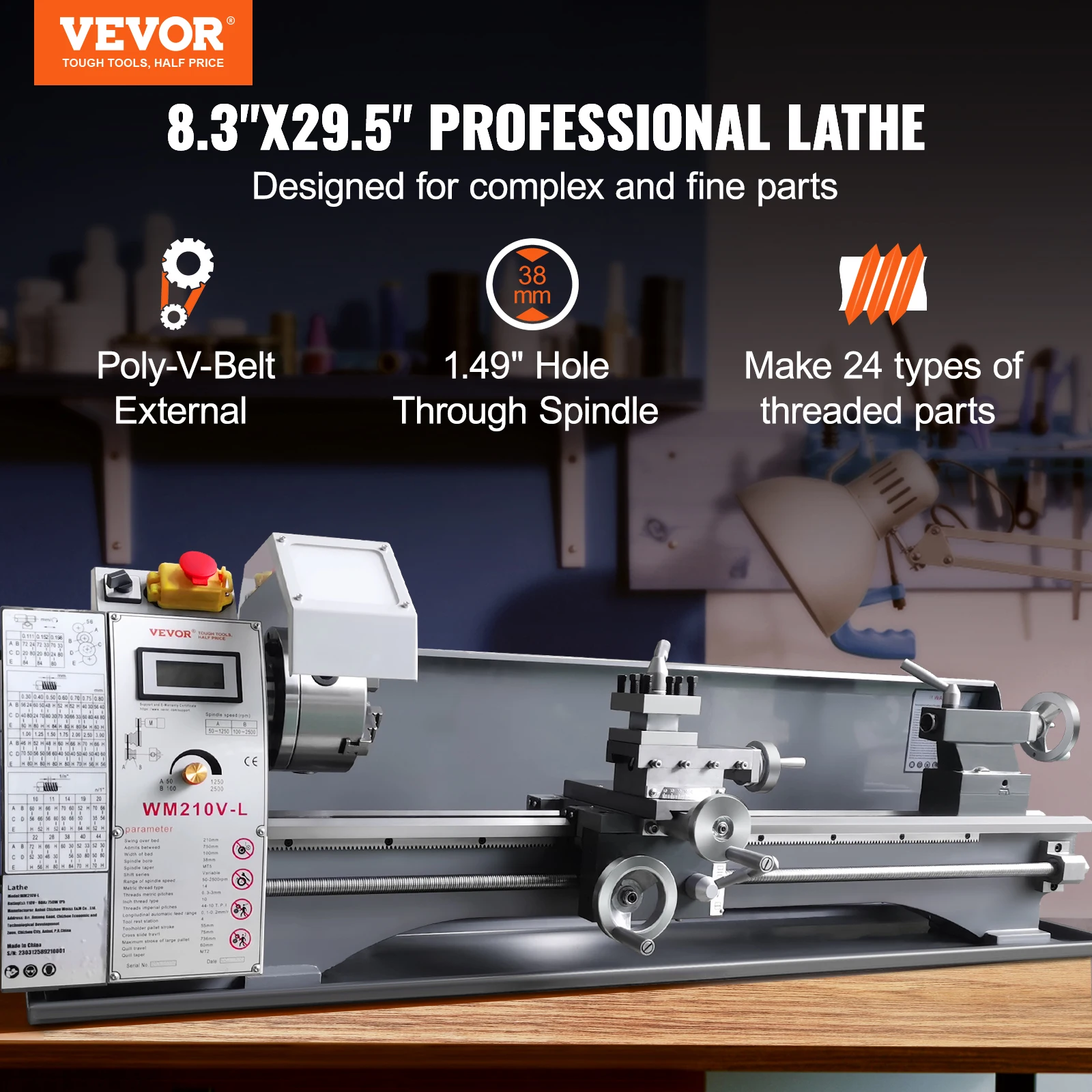 VEVOR Metal Lathe Machine,8.3'' x 29.5'',750W Precision Benchtop Power Metal Lathe,0-2500 RPM Continuously Variable Speed