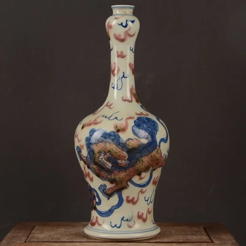 Chinese Blue and White Porcelain Vase Qing Kangxi Red Kylin Design 9.84 inch
