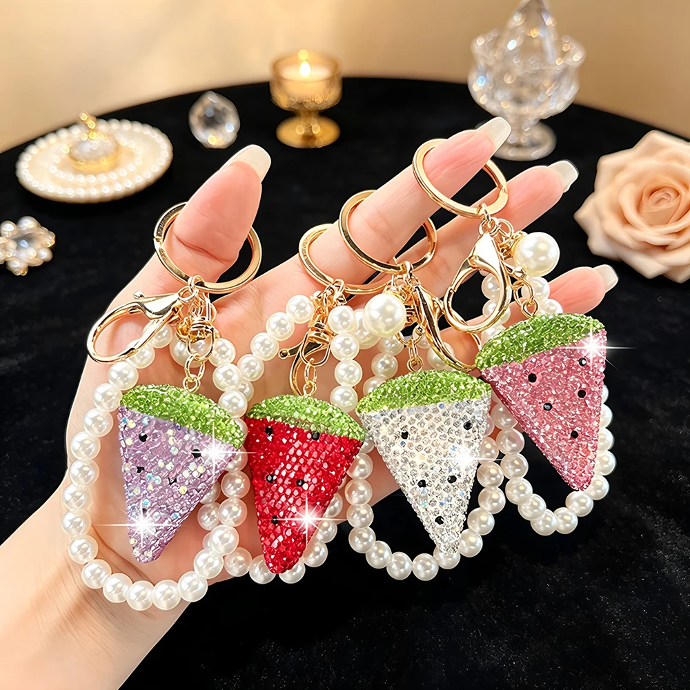 Full-diamond fruit watermelon keychain,Pearl Beaded Wrist Chain,Sweet Girl Style,Car Key Bag Phone Charm,Summer Accessory
