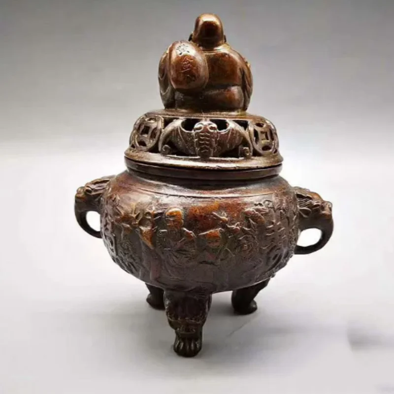 Antique bronze Maitreya Buddha statue incense burner ornament home tea room tabletop Zen inspired decorative crafts