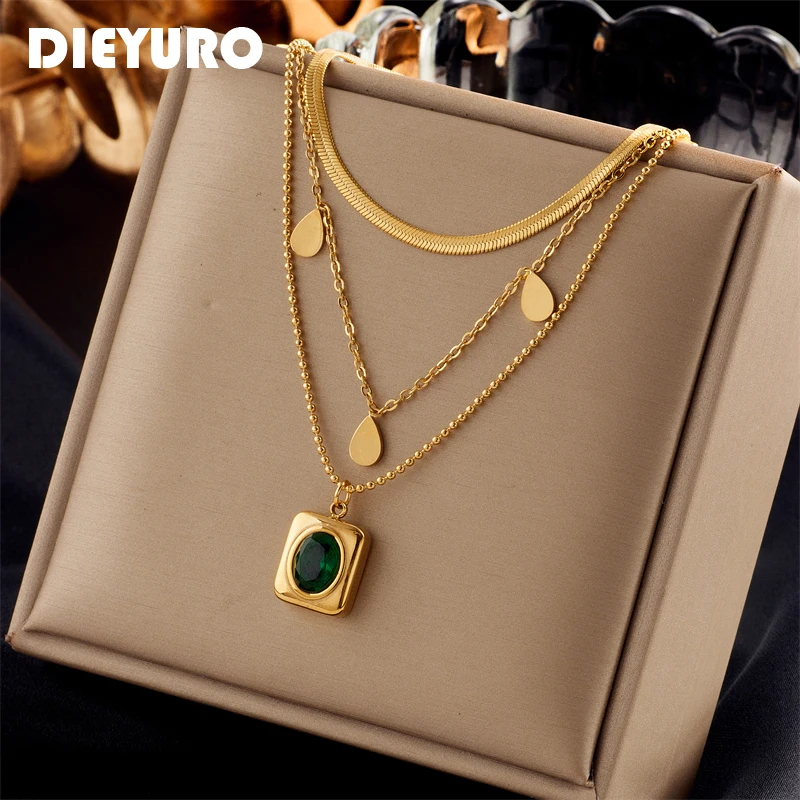 DIEYURO 316L Stainless Steel Drop Square Green Zircon Pendant Necklace For Women New Trend Girls 3in1 Chains Party Jewelry Gifts