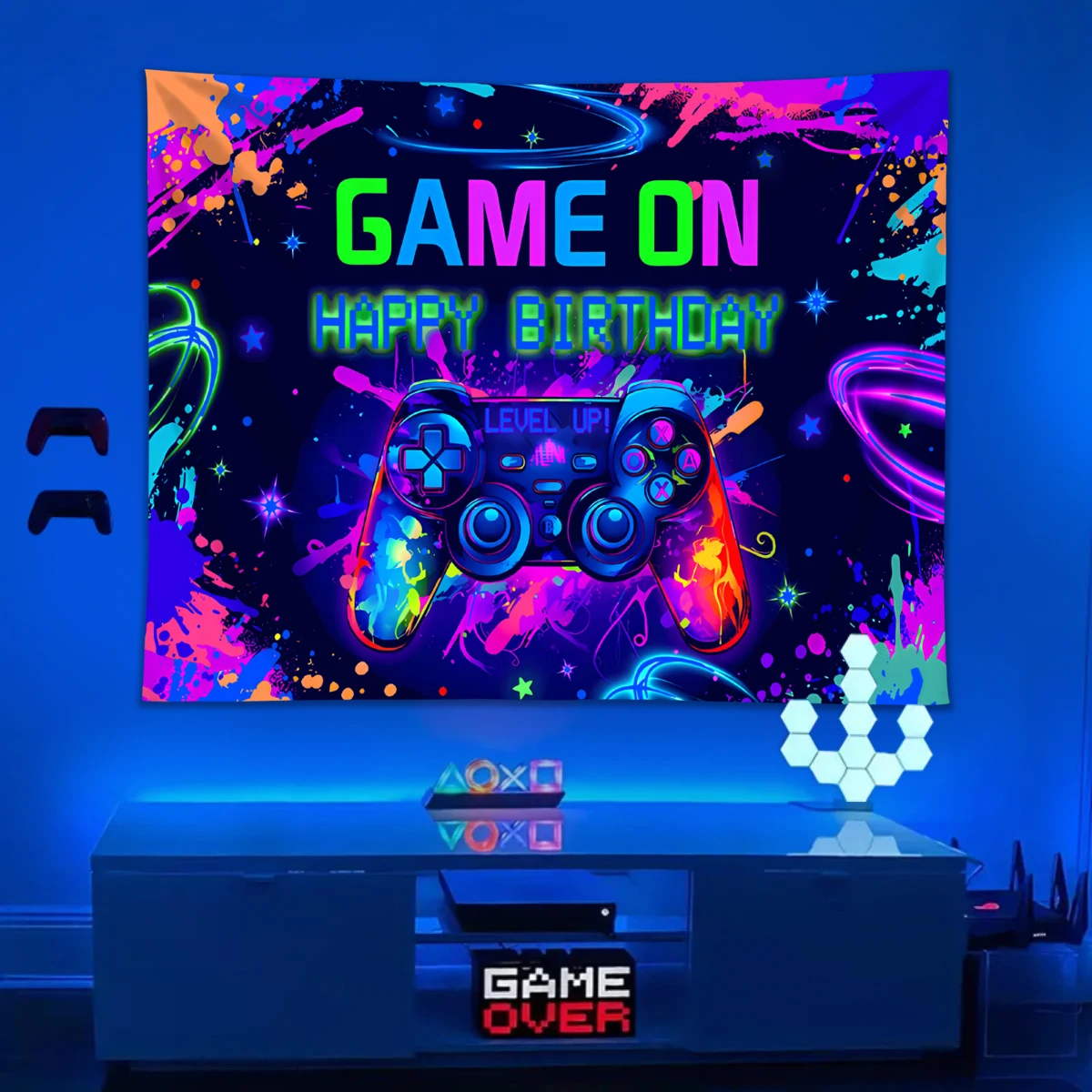 1pc Punk style game room fluorescent tapestry, game themed tapestry, UV reactive tapestry, neon effect tapestry