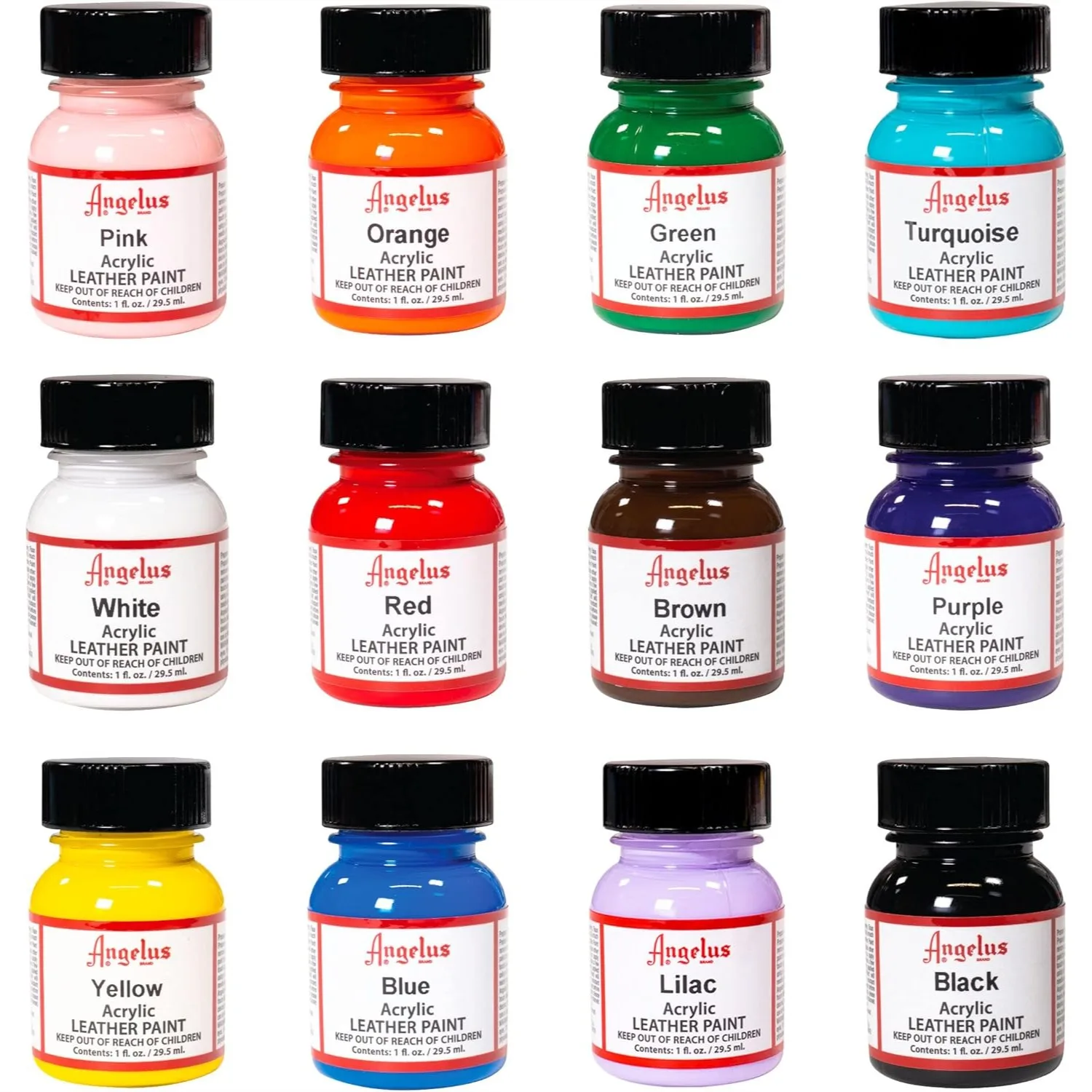 

Angelus Acrylic Leather Paint 12 Colors 1 oz Each Flexible Paint for Shoes Sneakers Leather Canvas Furniture with Brush
