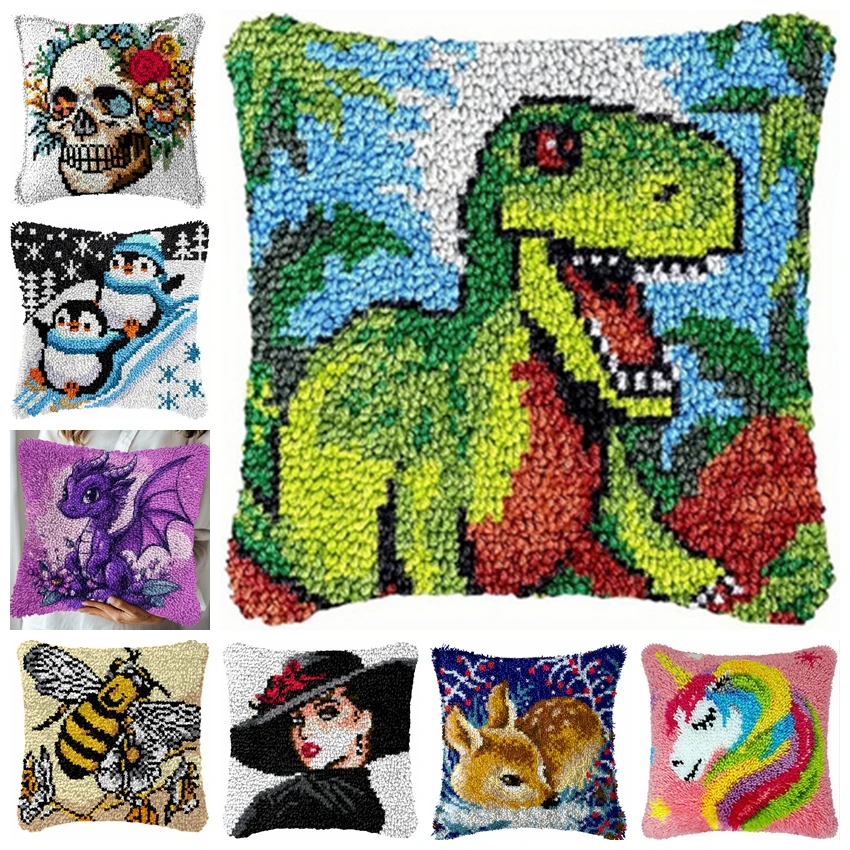 Kit de tapis et coussin en crochet à la broche DIY, motifs animaux, dinosaures, chiens, avec kit de boutons, pour décoration