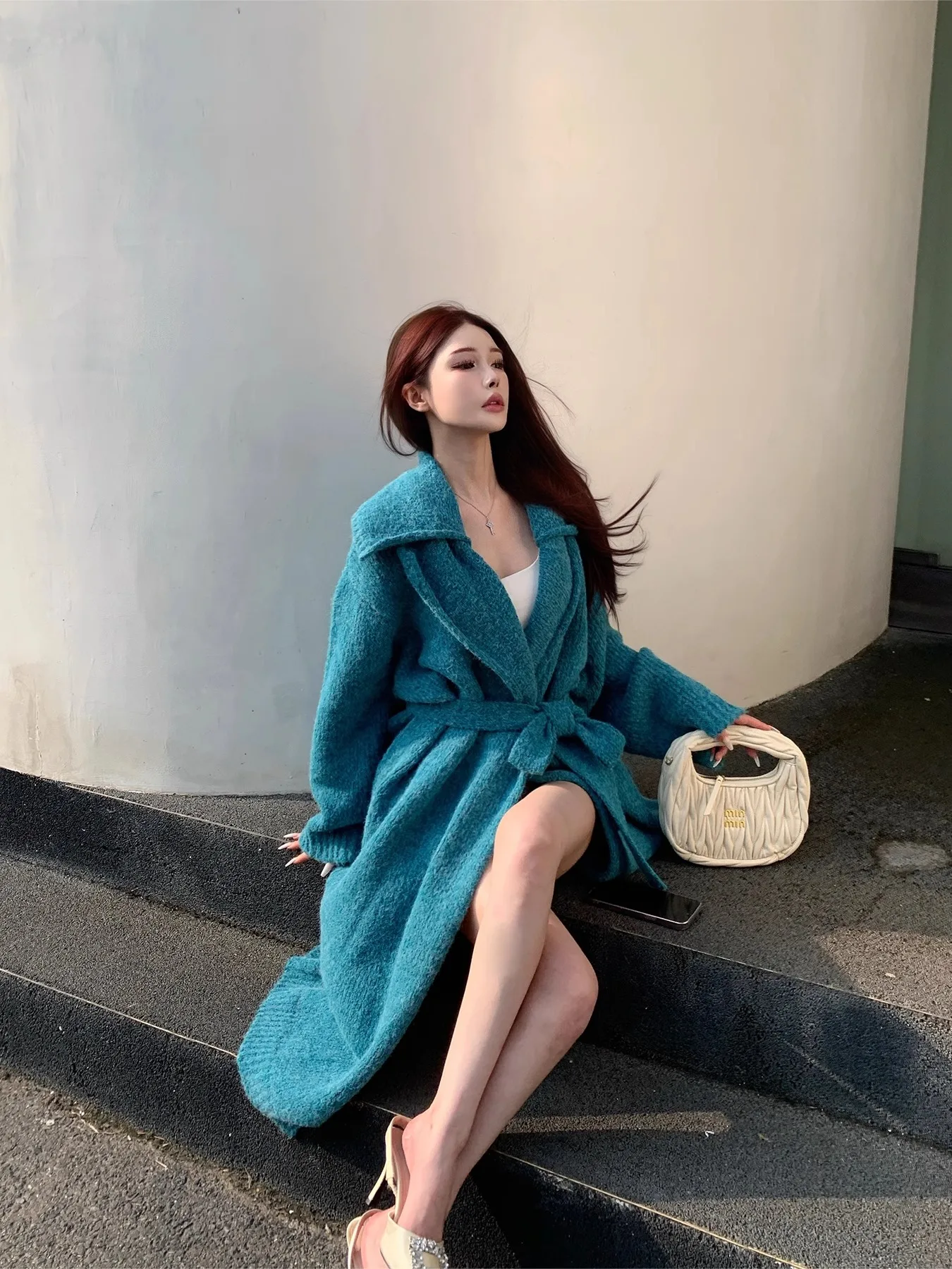 

EU IIWAN Sli Attractive Peaco Blue Knitted Open Cardigan Women's Autumn Outerwear Coat Casual Loose Fit Long Sve