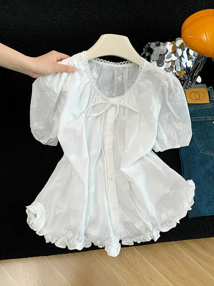 

White Embroidered Bubble Sleeve Shirt Women's Summer New Style Wood Ear Button Knot Short Sleeve Top Skin-friendly ...