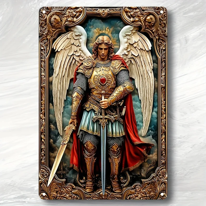 

Vintage Archangel Michael Aluminum Sign, Square Metal Plaque for Home, Bar Decor, Reusable Wall Art with Pre-Drilled Holes