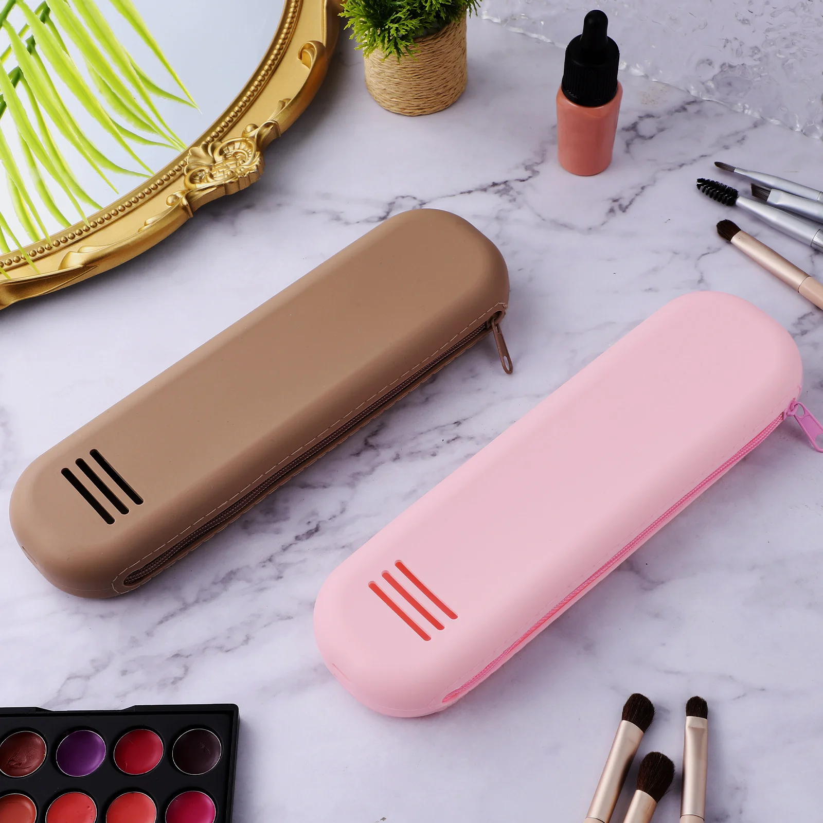 2 قطعة أكياس فرشاة ماكياج سيليكون لينة حقيبة سفر منظم خفيفة الوزن المحمولة سستة فرشاة حامل ماكياج أداة الحقيبة