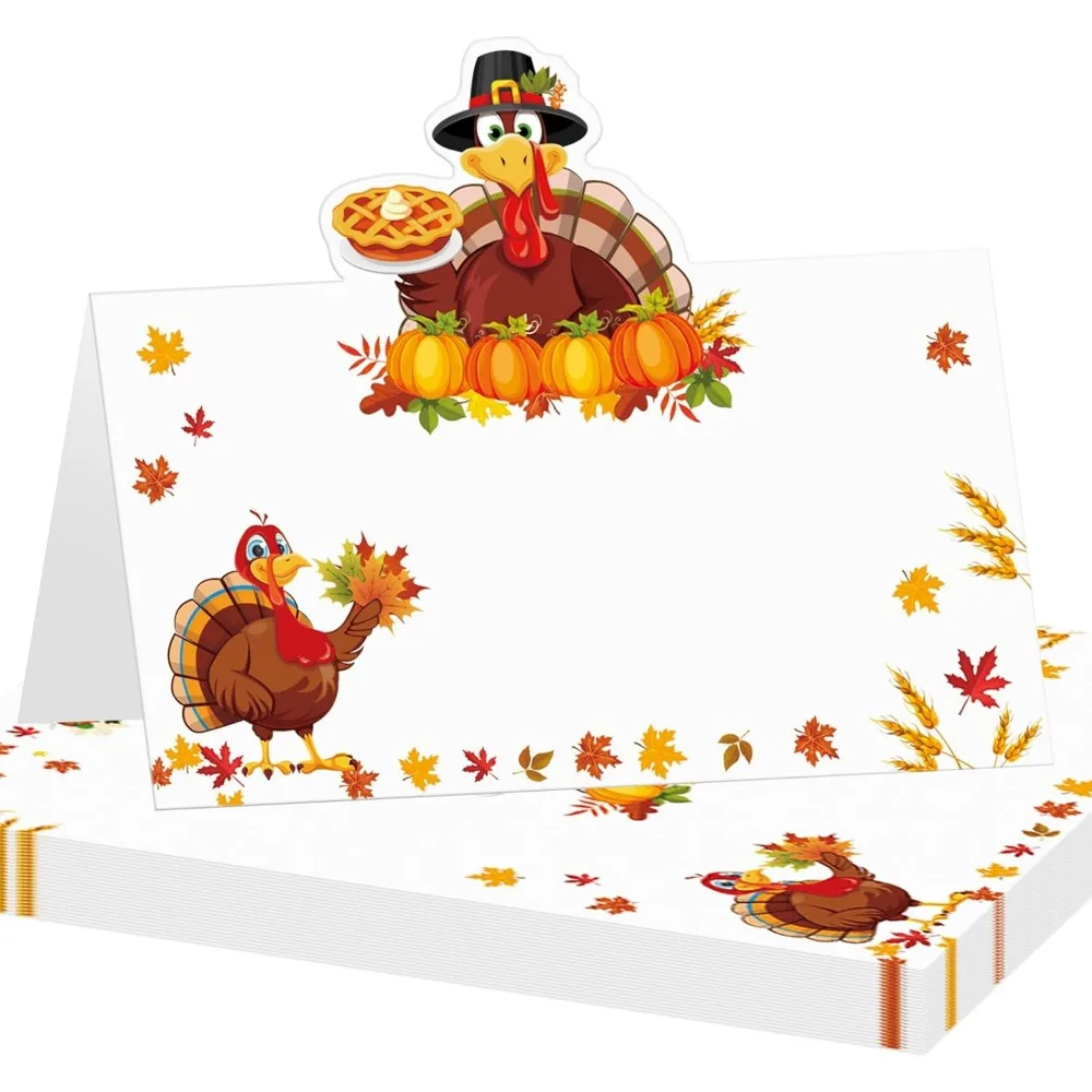 

25 PCS Thanksgiving Table Place Cards, 3.5 x 2 Inch Turkey Themed Tent Place Cards for Table Setting, Festive Thanksgiving Day