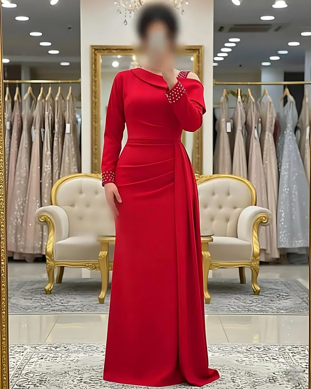 

Customized Classic Women Jersey Rhinestone Ruched A-line Evening Dresses Formal O-Neck Long Sleeves Floor Lenght Prom Dresses