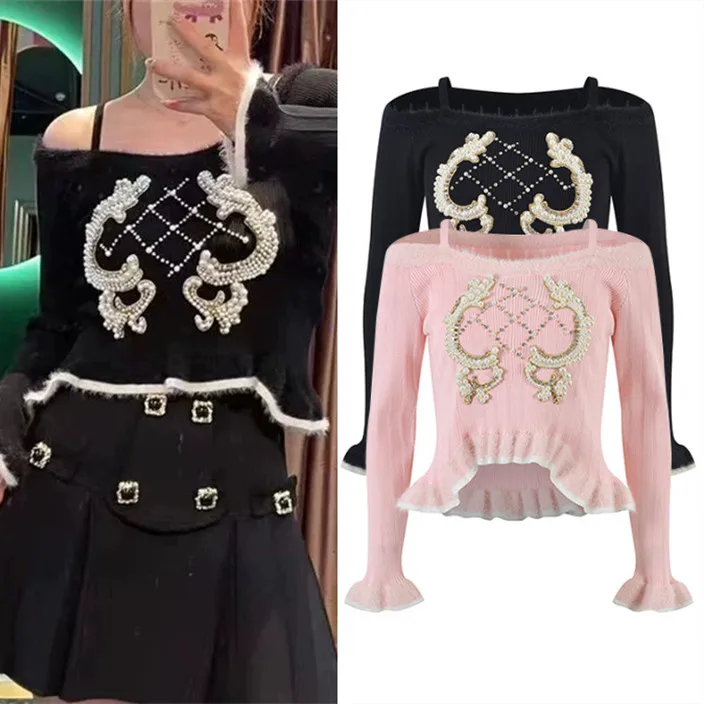 

Высококачественная версия Heavy Embellied Court Sle, вязаный свитер на одно плечо, розовый базовый женский модный осенне-зимний топ