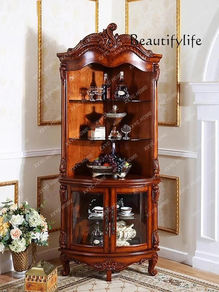 

American Solid Wood Corner Cabinet Triangle Living Room Glass Wine Cabinet Retro European Corner Cabinet