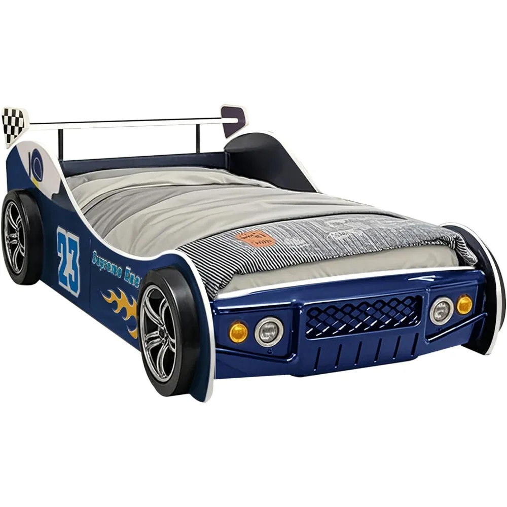 

HMFULE Twin Bed Frames for Kids, Wood Race Car-Shaped Bed Frame Platform with Wheels LED Lights & Slat Support for Toddler, Teen