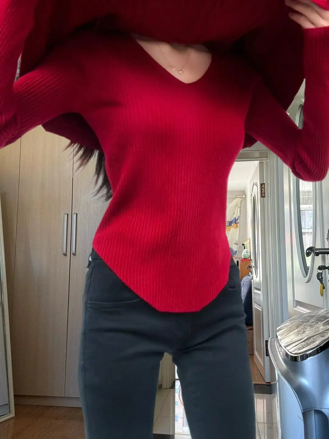 New Women's Collection New Year Red Sweater Outfit Bow-Tie Half-High Neck Red Cape Women's Sweater - Fall/Winter Knit Top