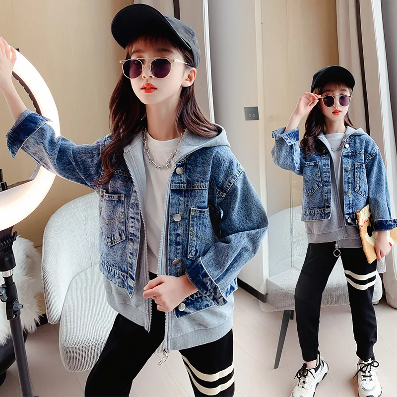 Girls Denim Jackets Hooded Coats Patchwork Spring Autumn Children Casual Outerwear Teenager Kids Jean Jacket 6 8 10 12 14 Years