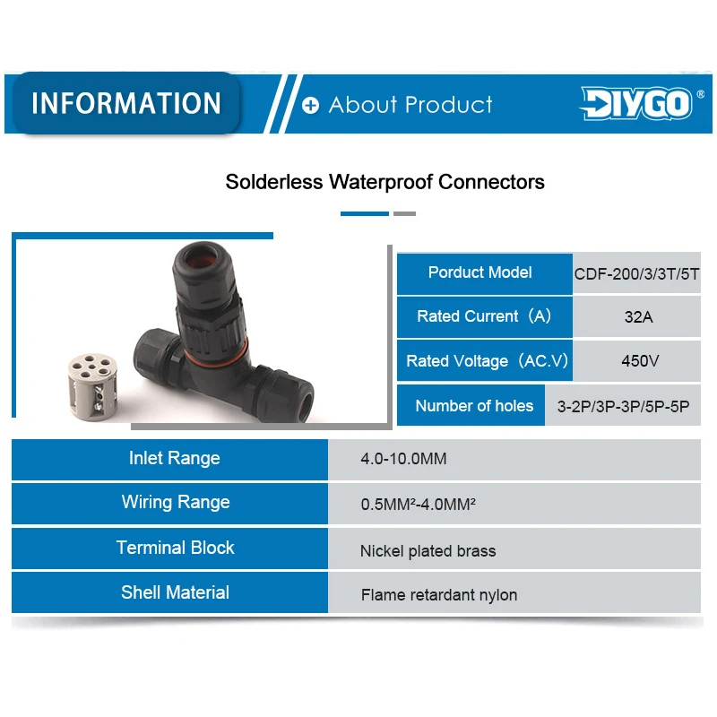 IP68 I/T Shape Waterproof Connector 2/3/5 Pin Wire Connectors Quick Screw Connect Push-in Terminals Electric Junction Box DIY GO
