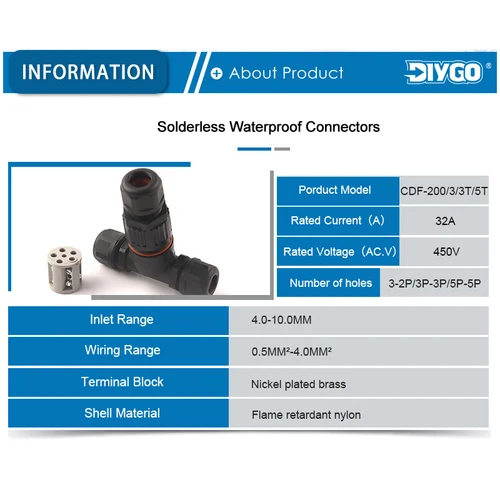 Imagen 2 del producto Conector impermeable IP68 en forma de I/T, conectores de cable de 2/3/5 pines, conexión rápida de tornillo, terminales de empuje, caja de conexiones eléctricas DIY GO