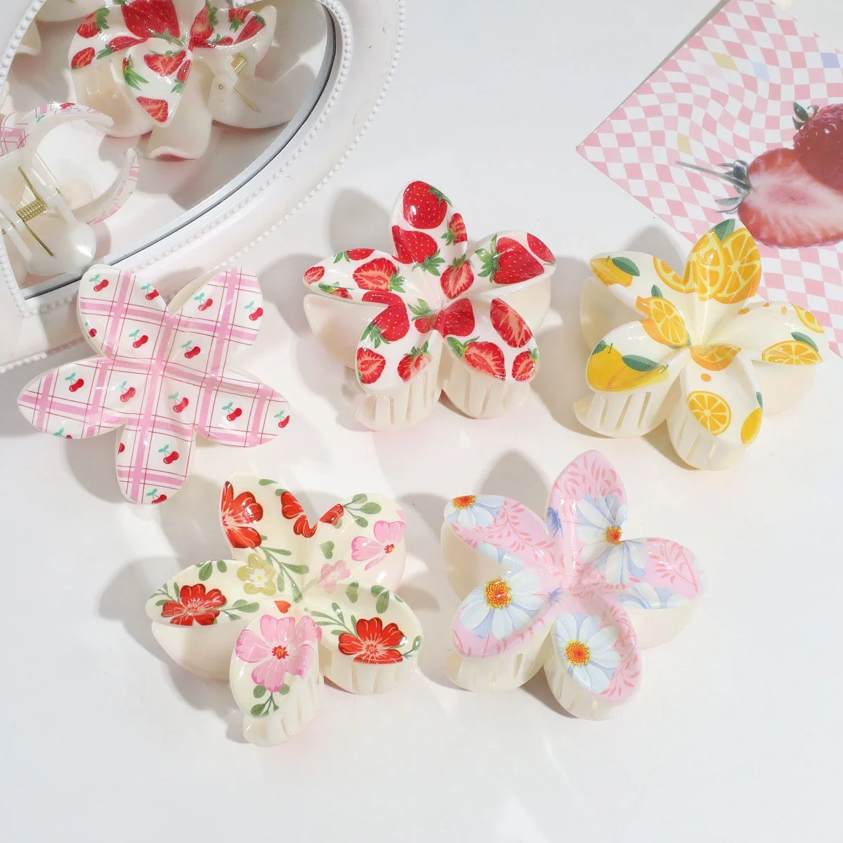 3pcs Cute Fashion Colorful Fruit Flower Print Egg Flower Women Plastic Grab Clip Small Fresh Playful Ponytail Hair Accessory - view 3