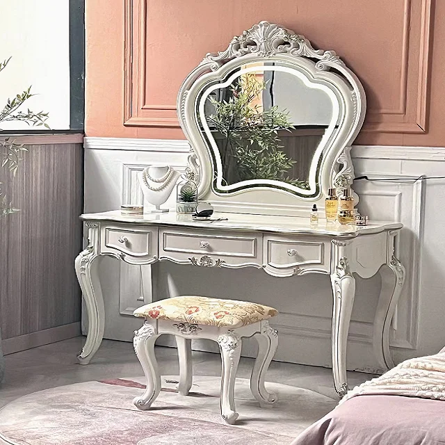 High end Italian Leather Cover Make-up Dresser Table Set with Mirror and Luxury Dressing Table