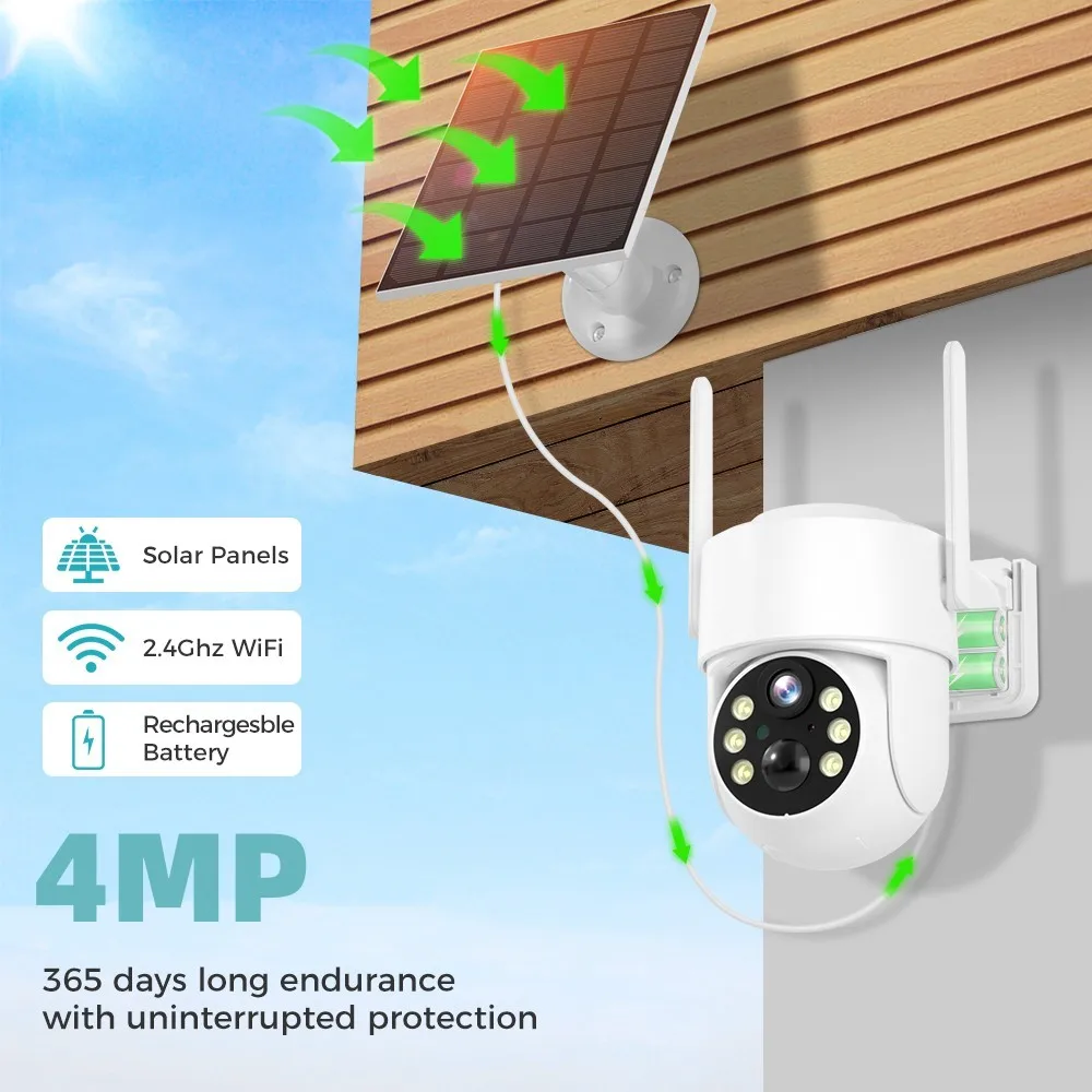 4MP HD WiFi PTZ Camera Outdoor Wireless Solar IP Camera Built-in 8000mAh Battery Video Surveillance Camera Long Time Standby