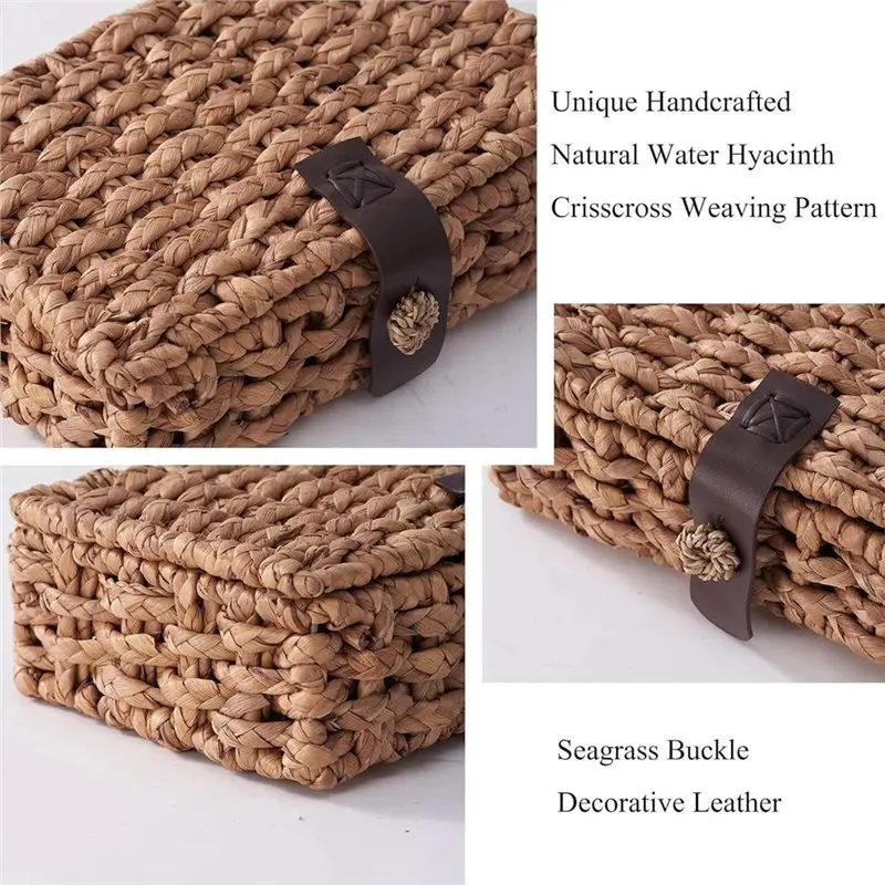 L60A Wicker Decorative Box With Lid, 2-Piece Set Storage Basket Water Hyacinth Woven For Shelf