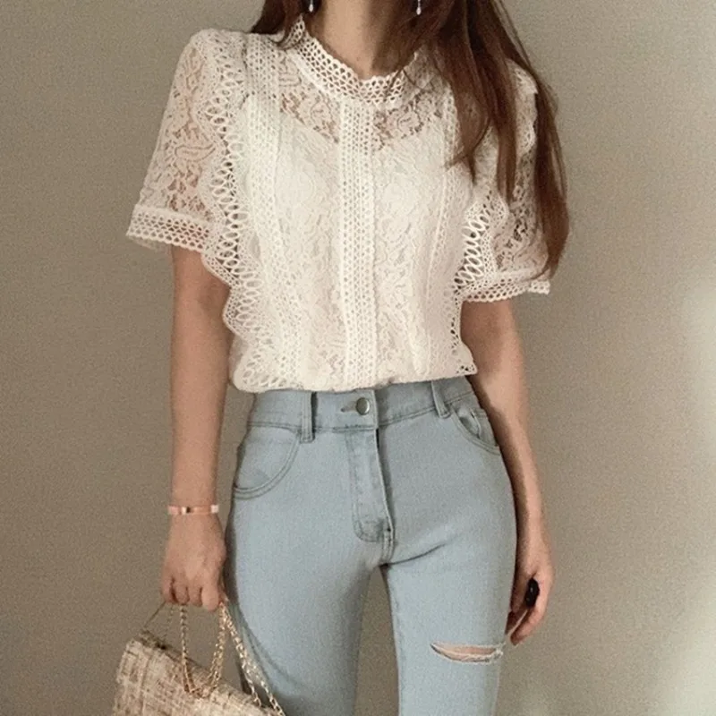 Lace Cropped Shirts Summer Women Short Sleeve O-Neck Blouse Hollow Out Elegant Blusas Y2k Japanese Korea Fashion Retro Slim Tops