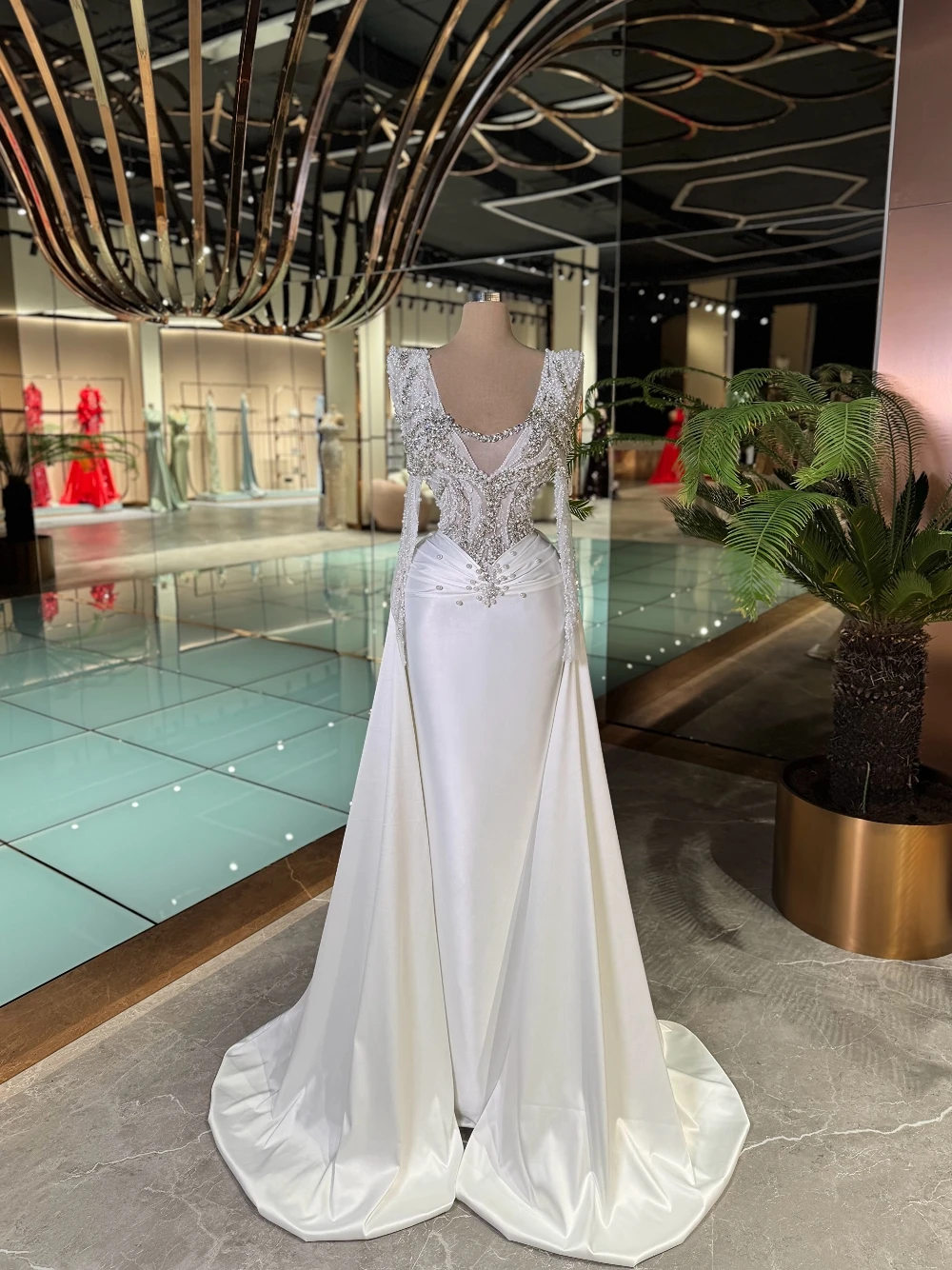 2026 Elegant Satin Mermaid Wedding Dress With Train Beaded Bodice Long Sleeve Customized Bridal Gown Delicate Crystals Wear