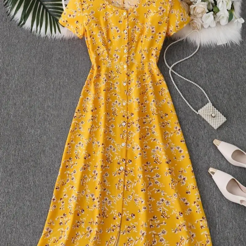 Ele Floral Print Dr Cross-Border New Model 2025 Woven Fabric Princ Sve  Collar Seven Sve Long Dr