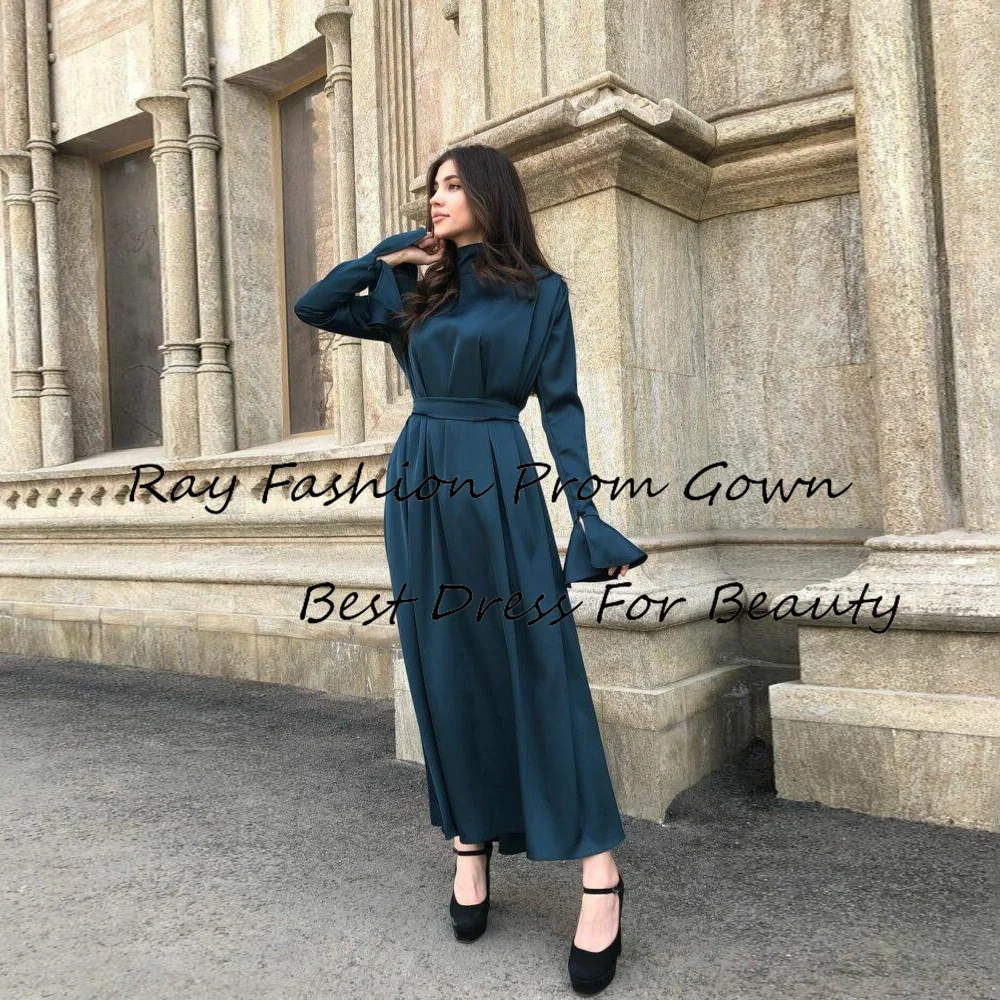 

Simple A Line Cocktail Dress Satin High Neck With Long Sleeves Modest Formal Party Gowns For Women فساتين كوكتيل Vestido De Cóct