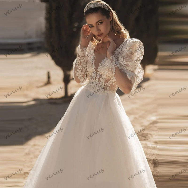 Gorgeous Wedding Dresses Princess Bridal Gowns Lace Appliques Full Sleeves Backless A-Line Robes Elegant Vestidos De Novia 2024