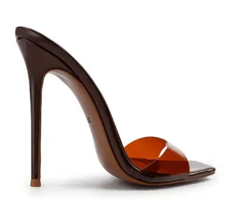 Brown Coffer PVC Transparent Stiletto Slippers Women Square Peep Toe Pull On Thin Heels Slides Sandals Summer Shoes Size 45