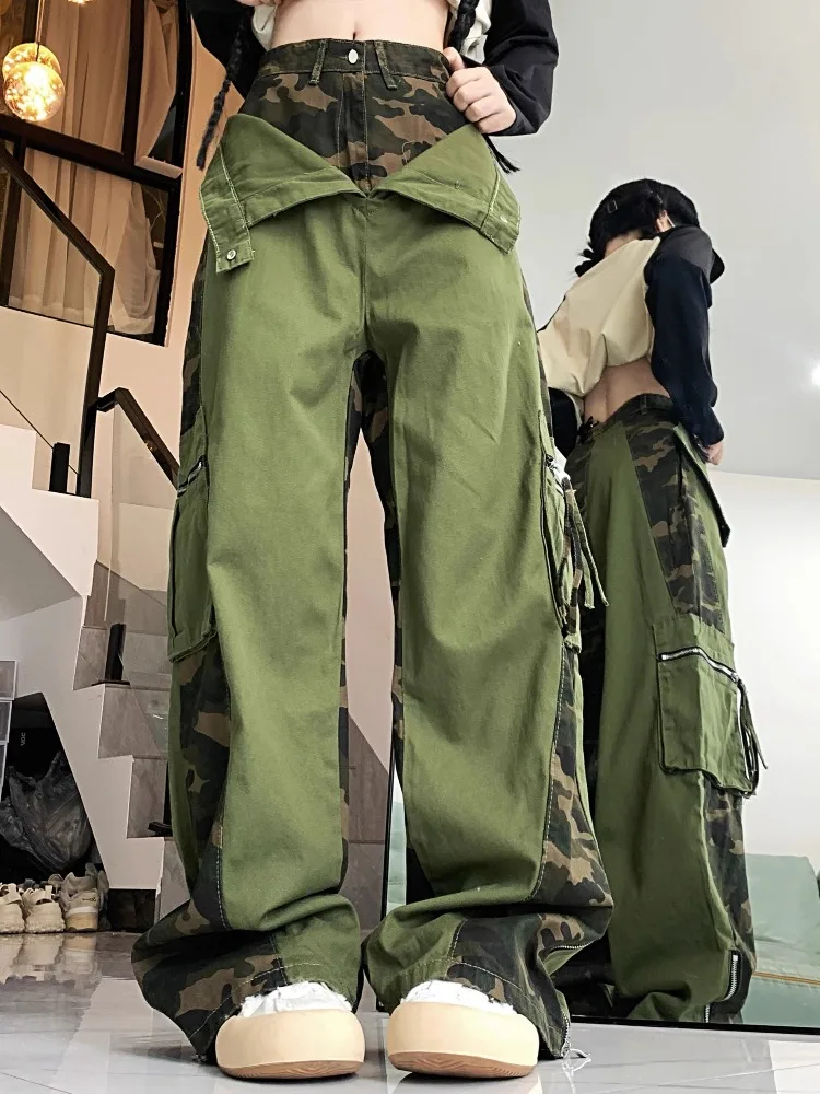 Camouflage Cargo Pants Green Fake 2-Piece Spliced Spicy Girl Work Pants Large Pocket Y2k Street Hip-Hop Straight Leg Trousers
