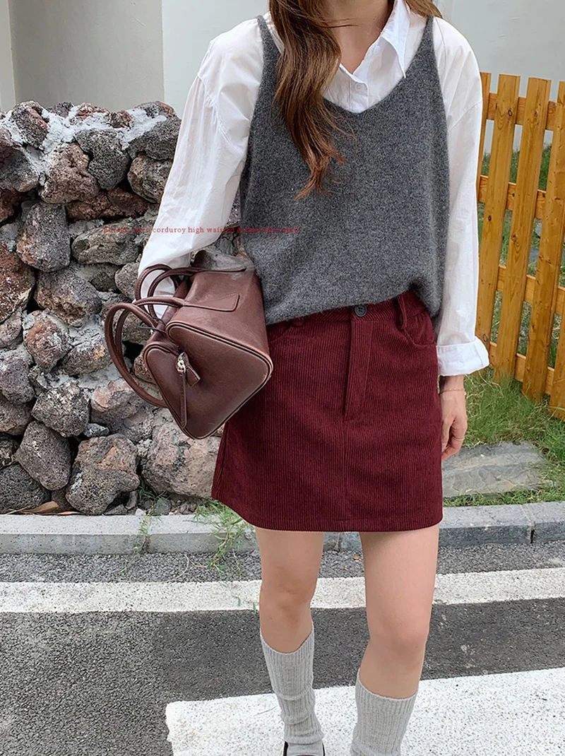 Grundlegende Hohe Taille Cord Mini Rock Frauen Herbst Neue Vintage College A-linie Röcke Tasche Koreanische Abnehmen Alle-Spiel Kurzen rock – Detail 19