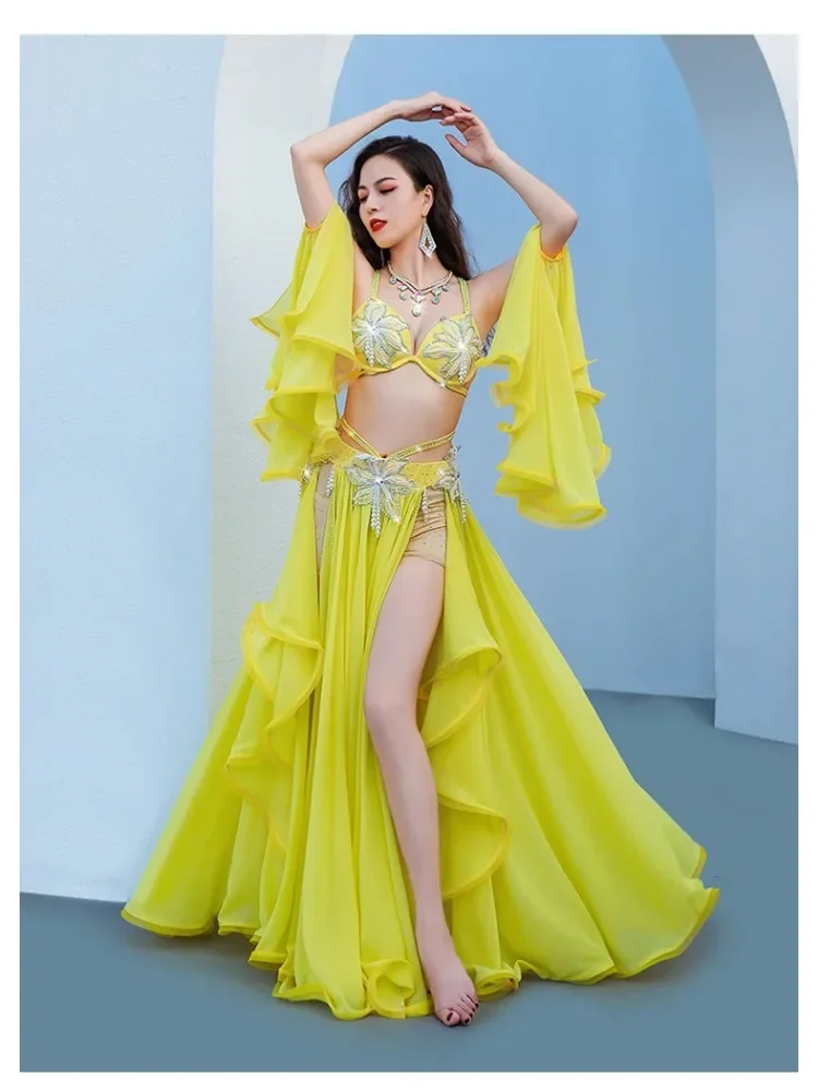 Customized Belly Dance Suit Diamond-Studdedn Bra Split Long Skir Performance Costumes Set Female Adult Top Competition Clothing
