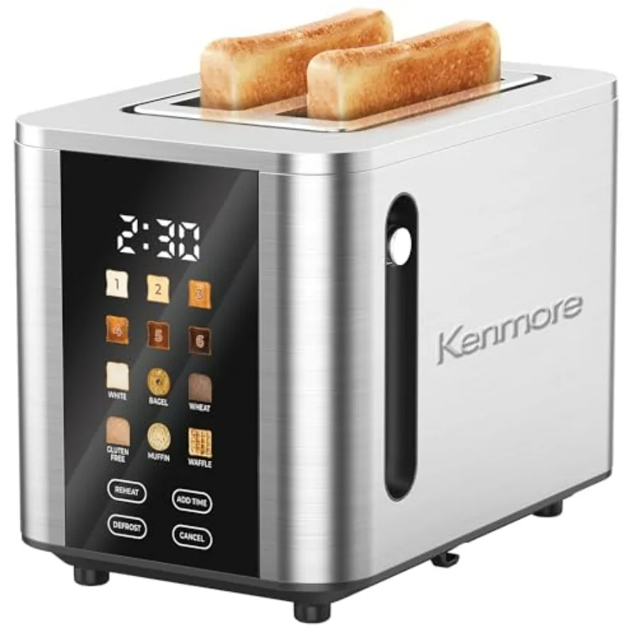 

Тостер Kenmore 900 Вт с цифровым сенсорным экраном, из нержавеющей стали, с широкими слотами, 6 уровней обжарки, предустановленные программы для хлеба, таймер обратного отсчета, функция повторного обжаривания