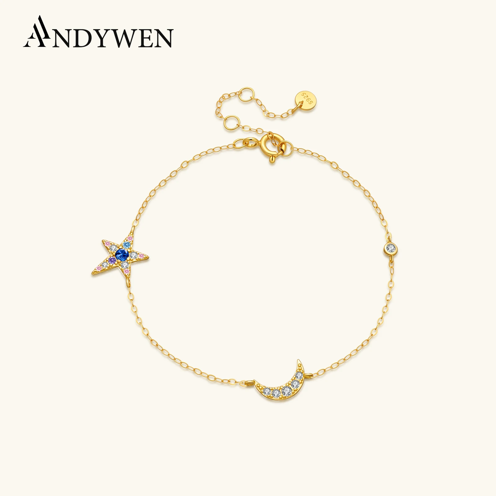 

ANDYWEN 925 Sterling Silver Star & Moon CZ Bracelet with Multicolor Zircon Charm Dainty Luxury Everyday Wear Jewelry for Women