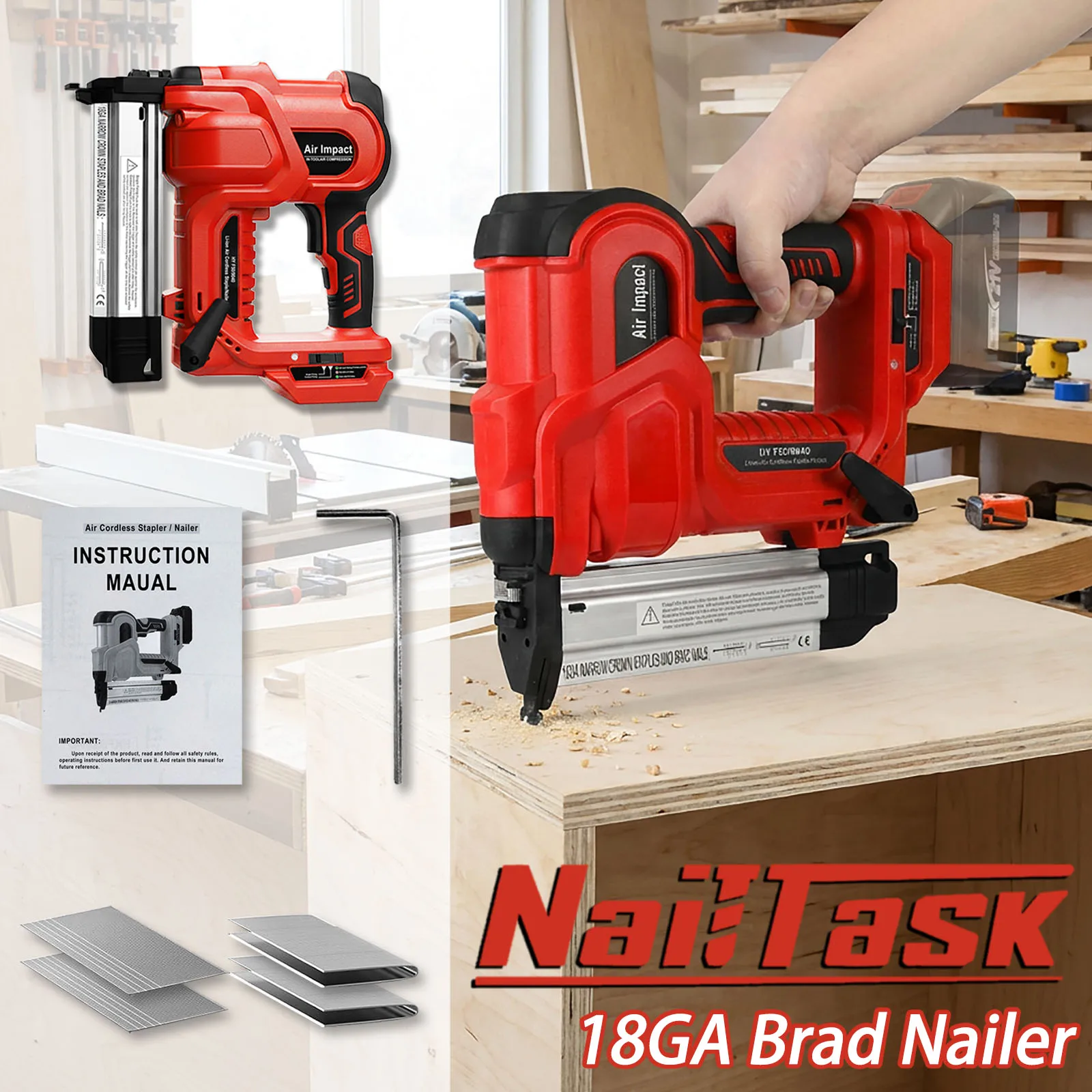 NailTask 21V Cordless 2-in-1 Brad Nail Gun 18GA Electric Nailer & Stapler for Woodworking Craft (Without Battery))