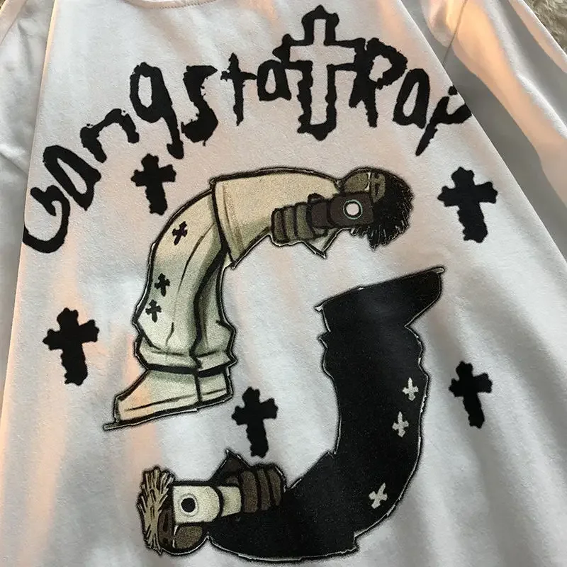 الهيب هوب الكرتون قصيرة الأكمام المتضخم تي شيرت الرجال النساء المعتاد الصيف الاتجاه زوجين أعلى Y2k الجمالية القوطية الشرير الملابس